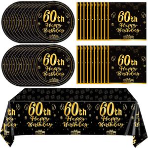 41Pcs 60th Birthday Party Decorations for Men Women, Black Gold Happy 60th Birthday Supplies with 20 Plates, 20 Napkins and 1 Tablecloth, 60 Years Old Party Disposable Tableware Kit for Him Her