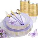 WDF 150Pcs Purple Plates Disposable - Baroque Lavender Purple and Gold Plates - 25Guest Plastic Dinnerware Ideal for Party/Spring/Picnic/Mother's Day