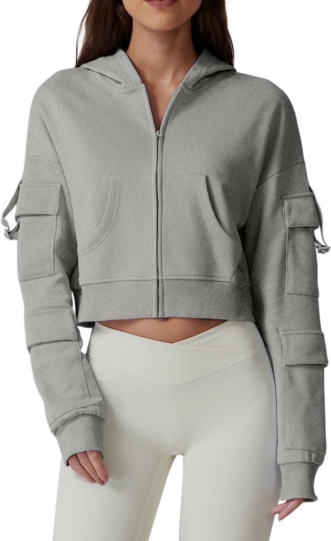 QINSEN Hoodies for Women Full Zip Up Cropped Jacket Long Sleeves with Cargo Pockets Sweatshirts Tops (Gray, S)