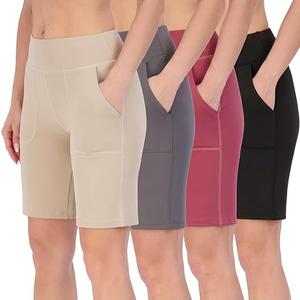 Real Essentials 4 Pack: Women's 9" Bermuda Long High Waisted Shorts with Pockets Casual Workout Athletic, Size: Large