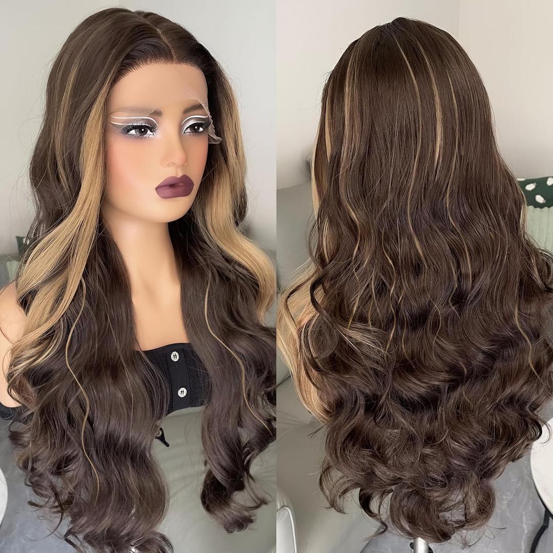 Honey Brown Synthetic Lace Wig With Baby Hair Balayage Brown Glueless Middle Part HD Lace Ombre Wig For Women (26 Inch)