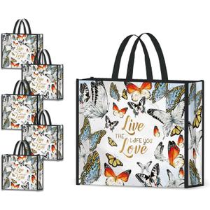 NymphFable 5 Pack Reusable Shopping Bags Colorful Butterflies Washable Grocery Bags Fabric Tote Bag