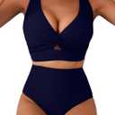 Herseas Women's Textured Bikini Sets Twist Front Top Swimsuits High Waisted Bathing Suits (Large, Navy Blue)