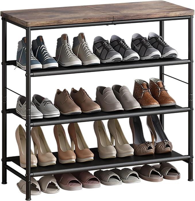 INGIORDAR Shoe Rack Organizer 5 Tier Long Metal Organizer Shelf with Industrial MDF Board and Layer Fabric for Entryway Closet Bedroom Living Room Garage,Black & Rustic Brown