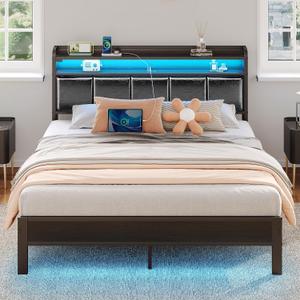 Rolanstar Bed Frame Queen Size with Charging Station and LED Lights, PU Leather Headboard with Storage Shelves, Heavy Duty Metal Slats, No Box Spring Need, Noise Free, Easy Assembly, Black