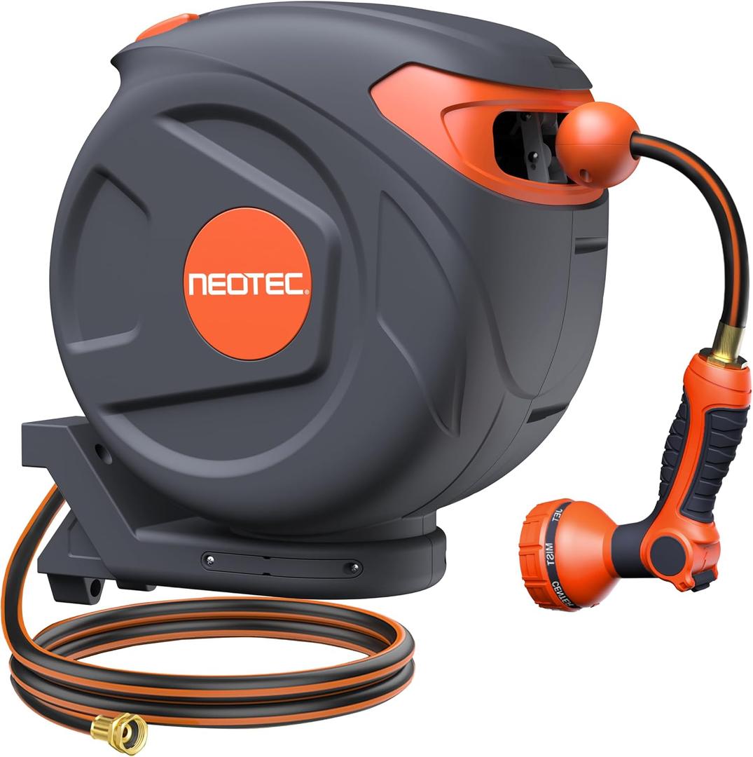 82ft Automatic Rewind Garden Hose Reel 1/2", Wall Mounted Retractable Water Hose with Any-Length Lock, Kink-Free Hybrid Hose for Backyard & Plant Care