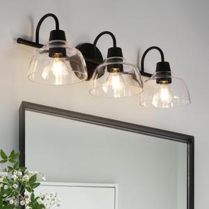 KSANA Black Bathroom Light Fixture, 3-Light Vanity Light with Large Opening Clear Glass Shade, Modern Farmhouse Wall Lamp Over Mirror, Dome Shade