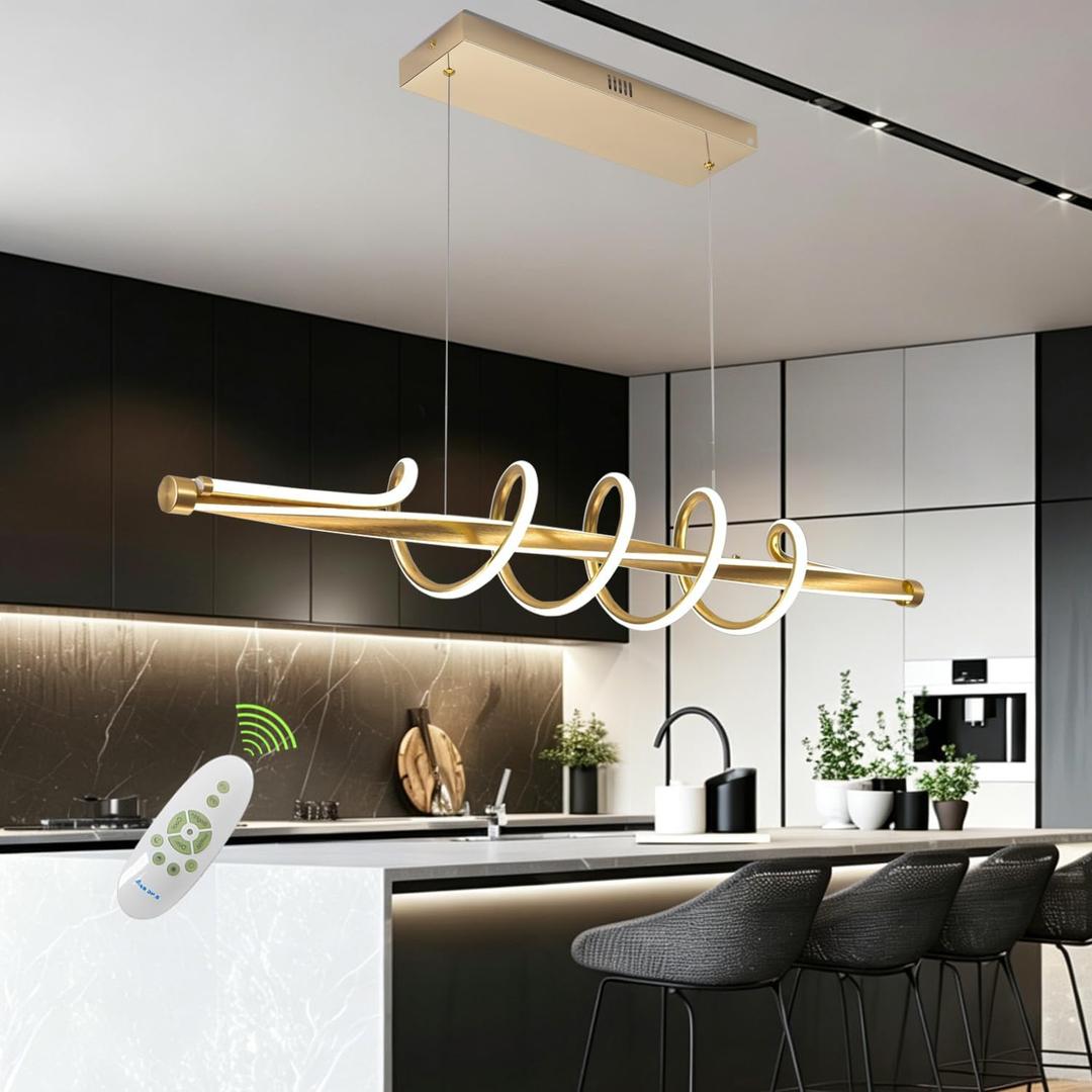 Gold Led Chandelier for Dining Room Light Fixture Modern Led Pendant Light Kitchen Island Lighting Dimmable with Remote 39.37in Led Ceiling Hanging Lamps Chandelier Light Fixture, L39.37in