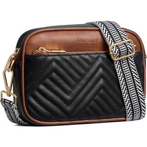 BOSTANTEN Quilted Crossbody Bags for Women Vegan Leather Purses Shoulder Handbags with Wide Strap (Black&brown)
