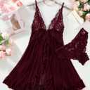 Foxiny Sexy Open Front V Neck Ruffle Sheer Mesh Lace Wireless Babydoll Lingerie Dress with Thong 2 Piece (Red, M)