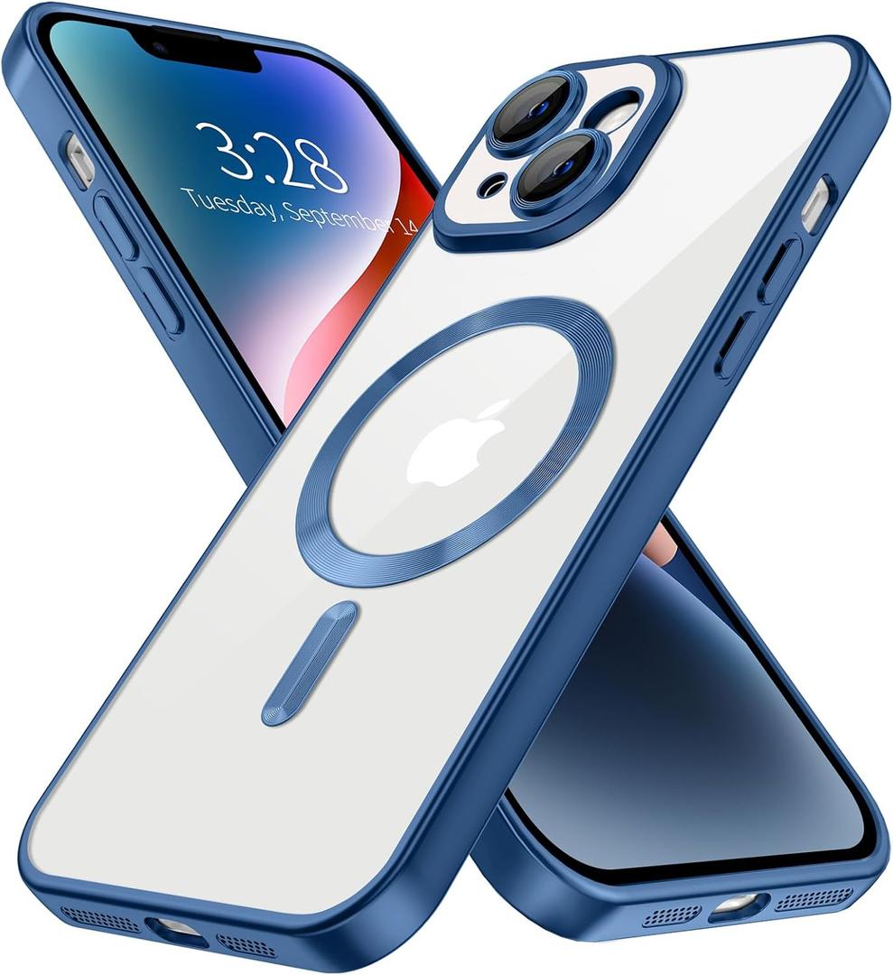 Hython Magnetic Clear for iPhone 14 Case with Camera Lens Protector [Compatible with MagSafe] Luxury Plating Edge Slim Soft TPU Cover Protective Phone Case for iPhone 14 6.1", Matte Deep Blue