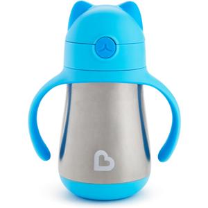Munchkin Cool Cat Sippy Cup with Straw for Toddlers, Stainless Steel Straw Cup, 8 Ounce, Blue