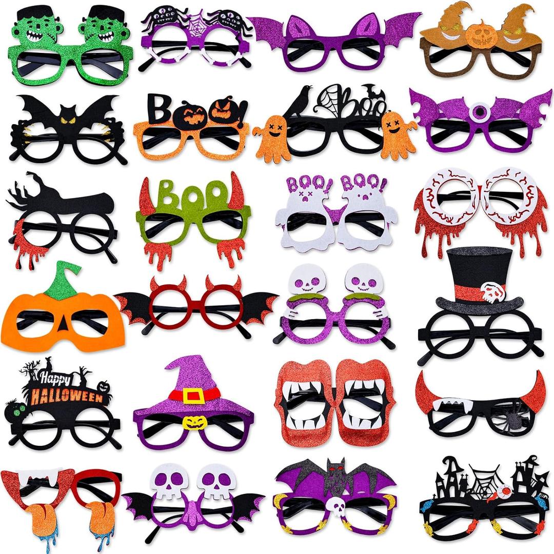 Garma 24 Pcs Kids Halloween Glasses - Plastic Party Glasses with Glitter, Pumpkin, Spider, Ghost Themed Eyewear