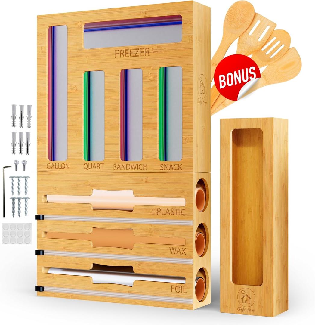 Chef's Haven Bamboo 9-in-1 Kitchen Storage Organizer, Drawer & Countertop, Natural Modern Style, Brown