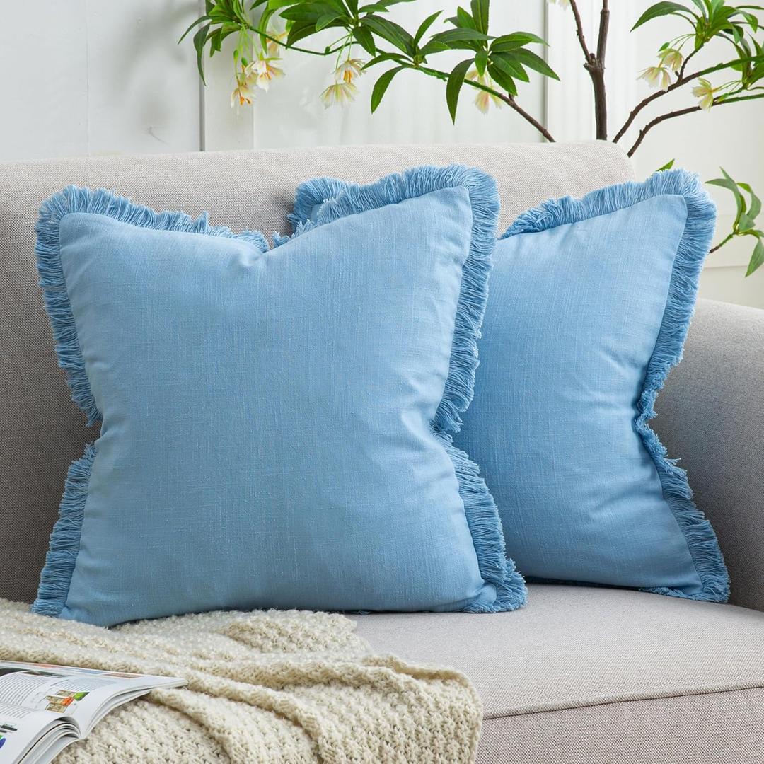 Set of 2 Fringe Throw Pillow Covers with Tassel Trim for Farmhouse Living Room,Soft Cotton & Cozy Linen, Boho Sytle Decorative Home (Baby Blue, 20x20 Inch)