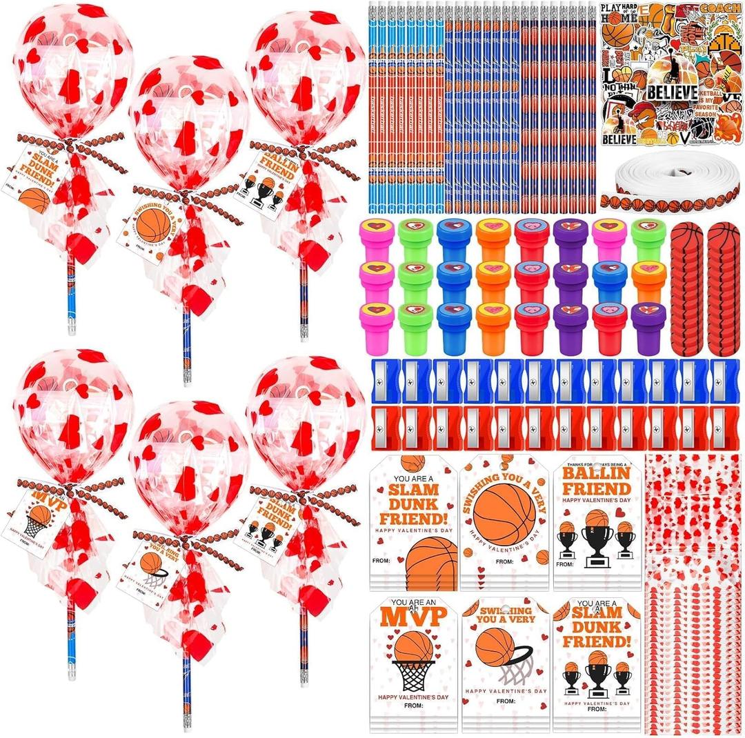 Denylo pro 24 Sets Valentines Day Gifts Valentines Student Lollipop Stationery Basketball Stamp Pencil Sticker Bag Pencil Sharpener Eraser Card Ribbon for Classroom School Basketball Party Gifts