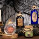 Potion Bottles Halloween Decoration, Set of 4 Glass Potion Bottles with Corks and 10 Halloween Bottle labels, Halloween Tiered Tray Decor, Halloween Decorations Indoor