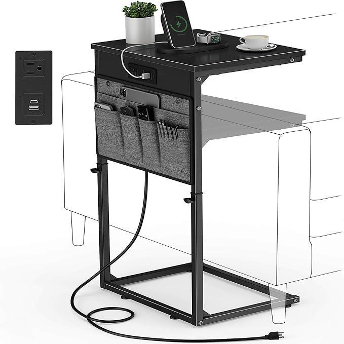 C Shaped End Table with Charging Station, Side Table for Living Room Bedroom, Slide Under Couch Sofa TV Trays Desk, Small Narrow Space Applicable, Black