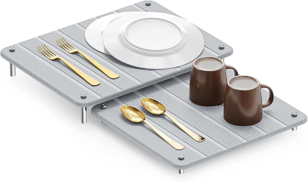 SpaceAid 2 Pack Stone Dish Drying Mats for Kitchen Counter, Expandable Absorbent Rack Dish Pad, Quick Dry Diatomaceous Earth Dishes Mat Tray, Absorbing Sink Stone Mat Board (Light Gray) (15.8"L x 11.8"W)