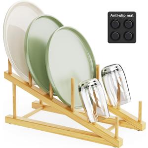 Bamboo Dish Drying Rack,Plate Holders for Displaying,Kitchen Organizer,Plate Rack Organizer with Natural Bamboo,Holds Plates, Bowls, Cups & Cutting,Boards-Dish Rack for Countertop & Cabinets
