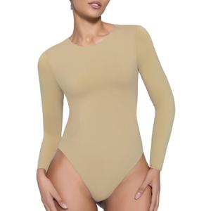 Avidlove Long Sleeve Bodysuits for Women Y2K Crew Neck Body Suit Double Lined Thong Bodysuit Slimming Basic Tops (Medium, Khaki)