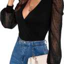 Fayenne Womens Tops Deep V Neck Cross Wrap Sexy Tops Polka Dot Mesh Long Sleeve T Shirt Casual Blouses (Black, XXXL)