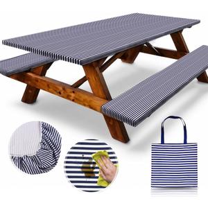 RNOONY 6ft Polyester Picnic Table Cover with Bench Covers Windproof & Waterproof Tablecloth, Perfect Camping Gifts RV Essentials, Cool Camping Gadgets, with Carrying Bag, 72x30 Inch 4Pcs,Blue Striped