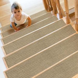 SMILOOL Stair Treads Non Slip for Wooden Steps Indoor 15 Pack 8" X 30" Carpet Stairs Runner for Wood Stairs, Stair Tread Rugs with Reusable Adhesive for Dogs Kids and Elders, Machine Washable, Beige