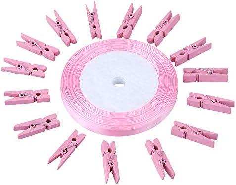 jijAcraft 100Pcs Clothespins with Ribbon, 1.4Inch Wooden Clothes Pins with 25Yds Pink Ribbon, Pink Photo Clips, Small Baby Shower Decor Clips, Crafts Clothespins for Wedding, Birthday