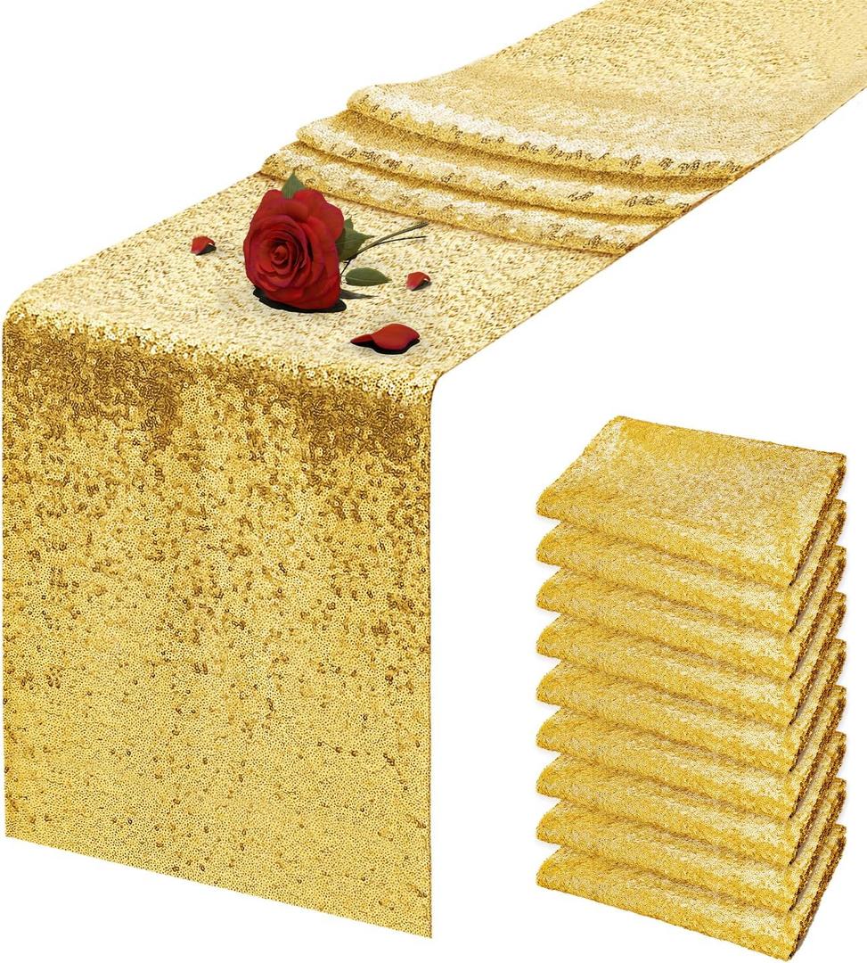 10 Packs 12 x 72 inches Gold Sequin Table Runner, Glitter Runner for Birthday Party Supplies Wedding Holiday Celebration Baby Shower Engagement Anniversary Decor