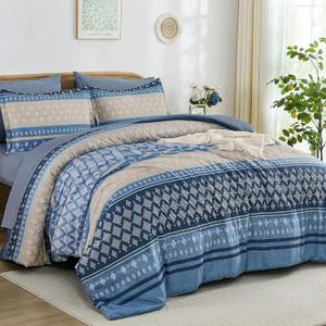 Drucon Boho Queen Comforter Set 7 Pieces, Navy Blue Bohemian Striped Bed in a Bag, Soft Microfiber Bedding Comforter Set