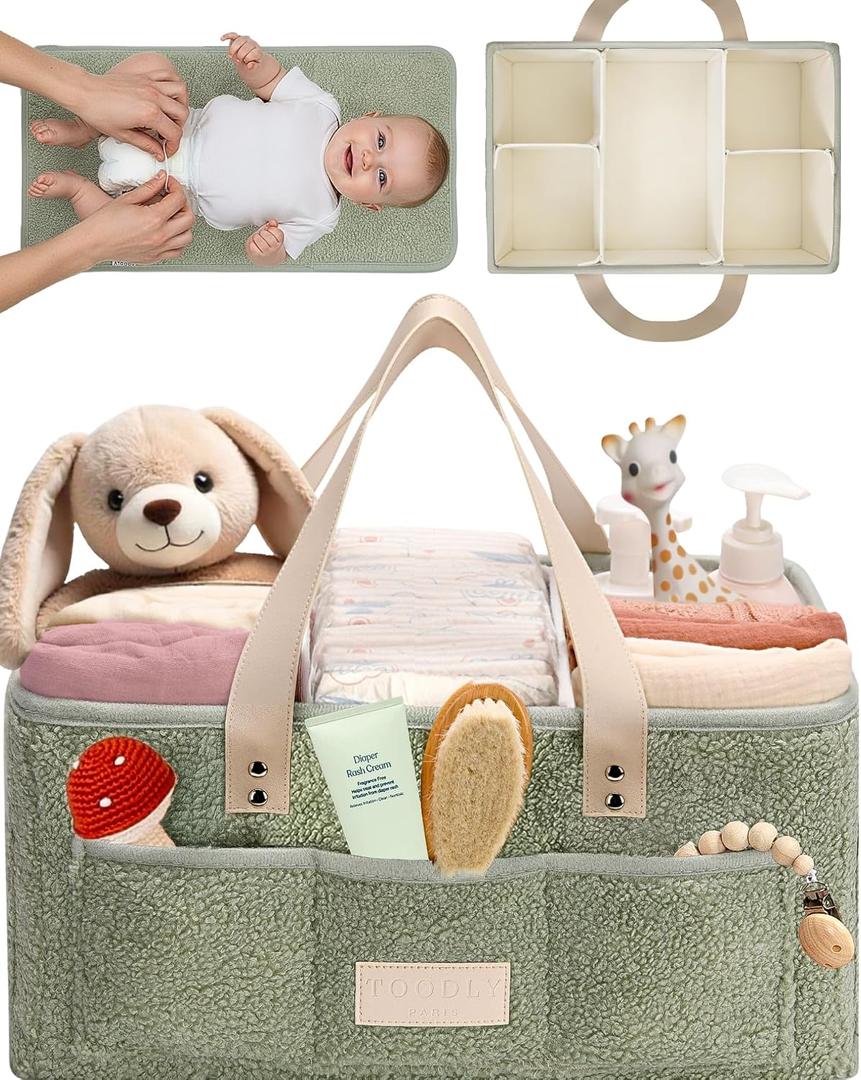 Baby Diaper Caddy Organizer with Portable Changing Mat - Teddy Fleece Diaper Organizer for Changing Table - Basket for Changing Essentials - Baby Essentials Organizer with Removable Dividers