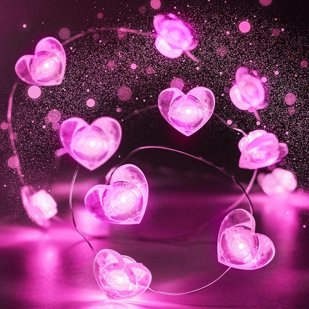 10FT Pink Heart Fairy Lights Battery Operated with Timer for Mother's Day Decoration, LED String Light Indoor Outdoor Waterproof Twinkle Light for Christmas Proposal Anniversary Valentines Party Decor