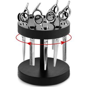 Threehoney 360 Degree Rotating Scissor Holder with 10 Diameter 0.71'' Hole Wooden Barber Shears Holder Salon Hair Stylist Container Stand for Barbershop Grooming Tool Storage, Black