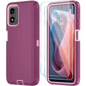 Qinmay Phone Case for Motorola Moto G 5G 2024 Case with HD Screen Protector, Heavy Duty Shockproof & Dropproof 3-Layer Cover Phone Case for Moto G 5G 2024 (6.6"), WineRed Pink