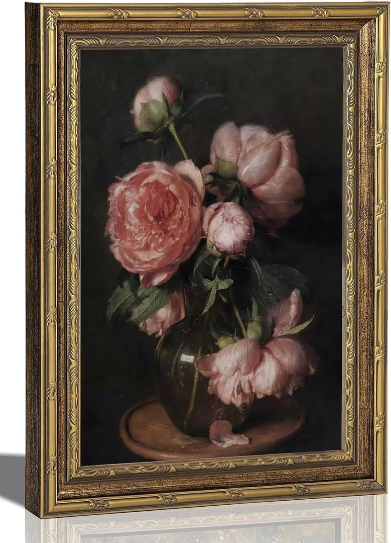 Gold Framed Vintage Dark Floral Canvas Wall Art, Retro Pink Peony Still Life Picture Wall Decor, Moody Flower Painting Print Artwork, for Living Room, Bedroom, Home Decoration 16x24in