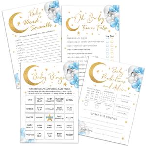 Moon Stars Baby Shower Games Set, 4 Games Includes Word Scramble, Oh Baby, Predictions and Advice, Bingo, 50 Double-Sided Cards & 1 Answer Key, Gender Reveal Supplies -01