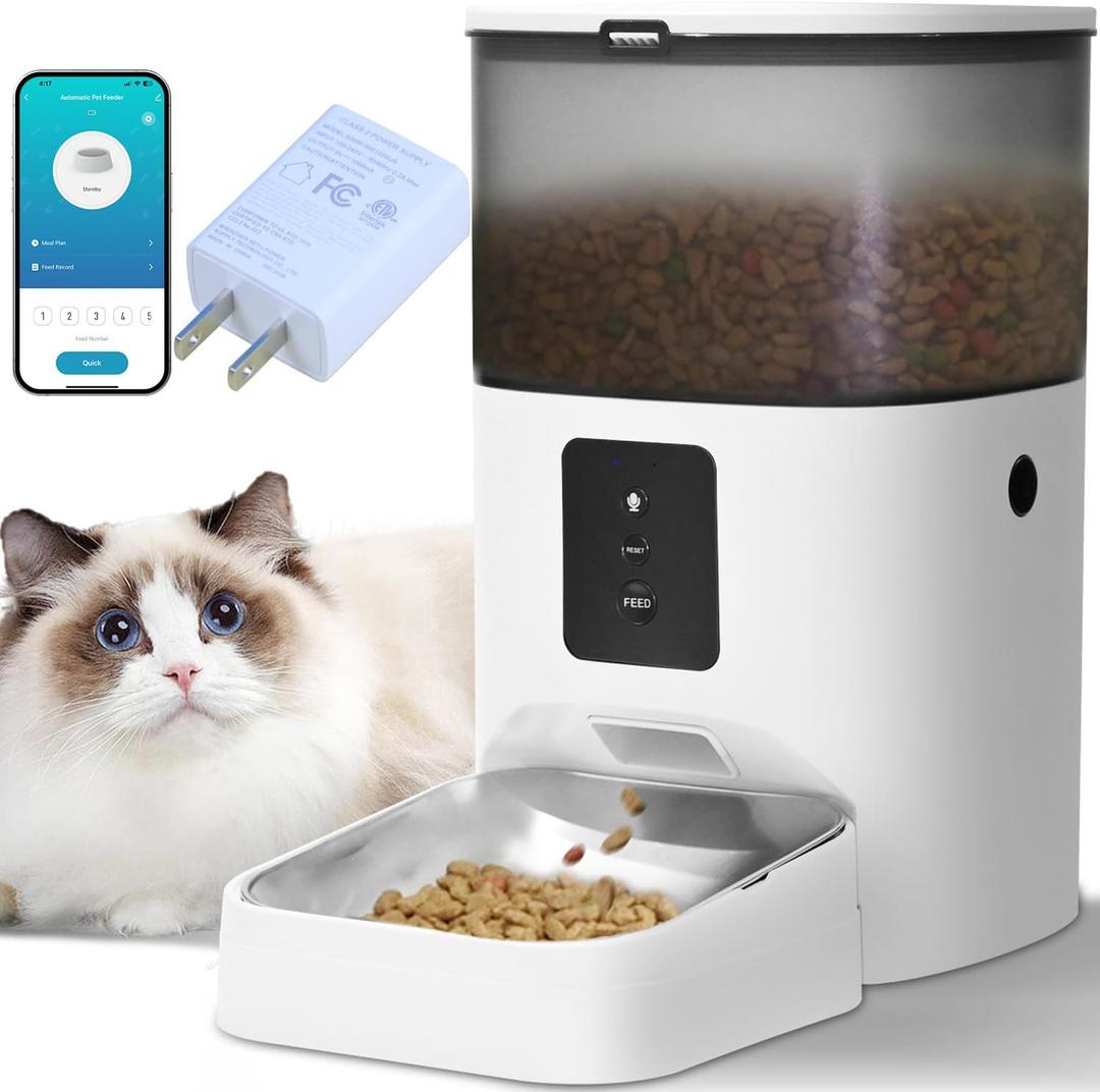 ANDOLL HOME 2.4G Automatic Cat Feeder, 4L WiFi Food Dispenser with 10s Voice Recorder, Pet Feeder up to 10 Meals per Day, Timed Cat Feeder with Dry Food Sealed Ring (Frosted White)