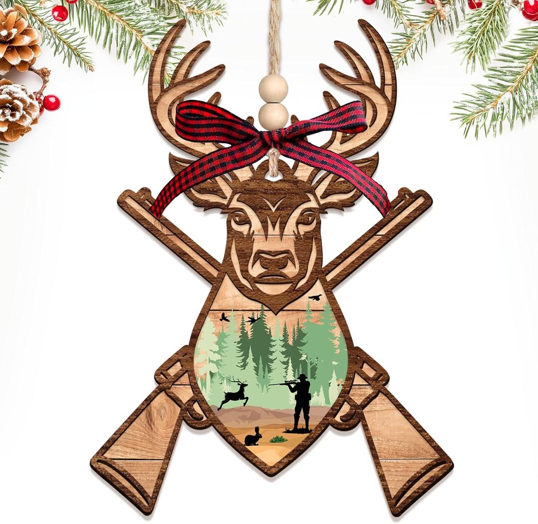 2 x HEXMOZ Deer Christmas Ornament - Hunting Ornaments for Christmas Tree - Deer Hunting Gifts for Men, Grandpa, Dad, Husband - Hunter Gift Ideas - Acrylic Wood Holiday Decoration Ornaments