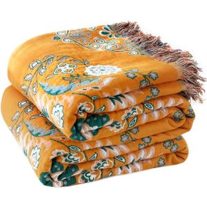 Boho Throw Blanket for Bed 100% Cotton Soft Lightweight Quilt Floral Embroidery Home Decor Spring Breathable Bed Blanket,80"x90" All Season Reversible Yellow Blankets for Sofa Couch Chair