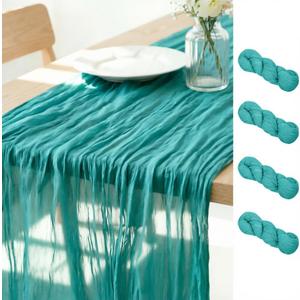 LINXTAR Teal Cheesecloth Table Runner 4 Pack 120 Inches 10Ft Gauze Summer Boho Table Runner for Wedding Tea Party Baby Shower Bridal Birthday Home Decoration