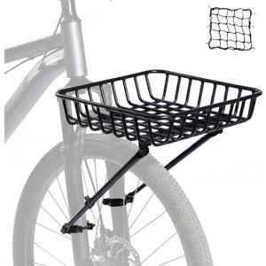 Front Bike Basket Rack, Aluminum Bicycle Front Rack with Adjustable Struts, Compatible with Suspension Fork & Ebike for 26-29" Bikes, Includes Cargo Net