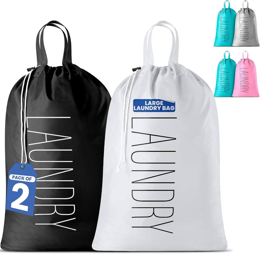 Extra Large Travel Laundry Bag - 2-Pack Fun Print Design Bags for Dirty Clothes - Durable Water-Resistant Fabric - Sturdy Drawstring Closure (Black-White | Laundry)