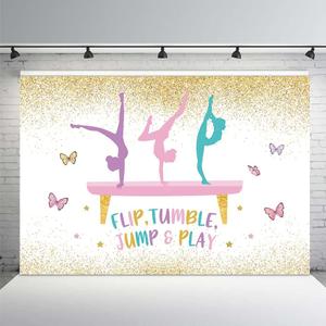 MEHOFOND Gymnastics Birthday Backdrop for Girls Gymnasts Flip Tumble Jump and Play Party Decor Supplies Gold Glitter Photography Background Cake Table Banner Photo Booth Props 7x5ft