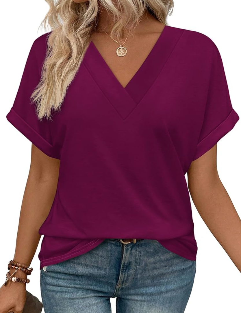 WIHOLL Womens Summer Tops Short Dolman Sleeve Shirts 2025 Fashion V Neck Outfits Clothes