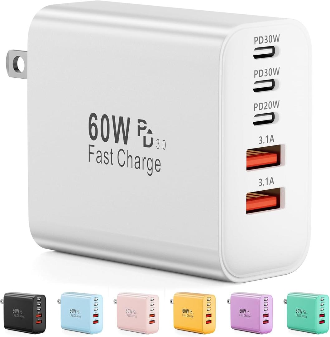 USB C Fast Charger Block, 60W USBC Wall Charger Plug, 1 Pack 5-Port Type C Phone Charging Cubes Power Adapter Multiport Brick for iPhone 17/16/15/14/13/12/11/Pro Max/Plus/Air, iPad mini/Pro,Galaxy S25
