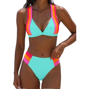 popvil High Waisted Bikini Sets for Women Color Block Two Piece Neon Swimsuits Crisscross Back Bathing Suit 2026, Large