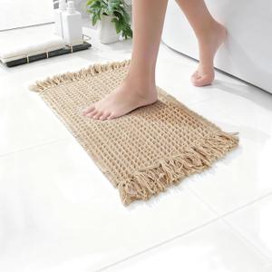 Waffle Bath Mat, Super Absorbent Waffle Bathroom Rug with Tassels, Non Slip Bath Mats for Bathroom Floor, Ultra Soft Boho Bath Mat, Quick Dry Shower Mat, Machine Washable, 17"24", Khaki