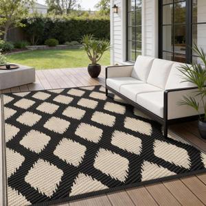 COOLTOP 9'x12 Outdoor Rug for Patios Porches, Waterproof Plastic Camping Rugs, Modern Reversible Mat, Large Area Rugs for Backyard, Deck, RV, Balcony, Picnic, Beach, Black & Beige