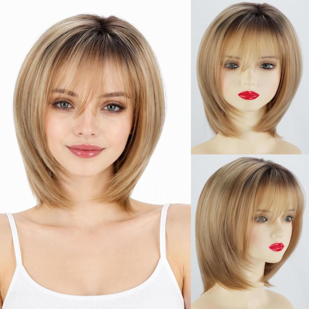 12inch Blonde Highlight Layered Bob Wig With Bangs For Women